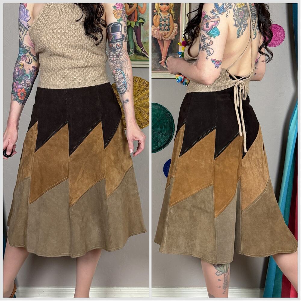 Vintage 1970s Brown Patchwork Suede Leather A-Line Midi Skirt - Picture 4 of 7